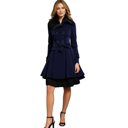 Women's Elegant Winter Trench Coat with Faux Fur Collar, Double-Breasted, Flared Hem – Fashion Warm Overcoat