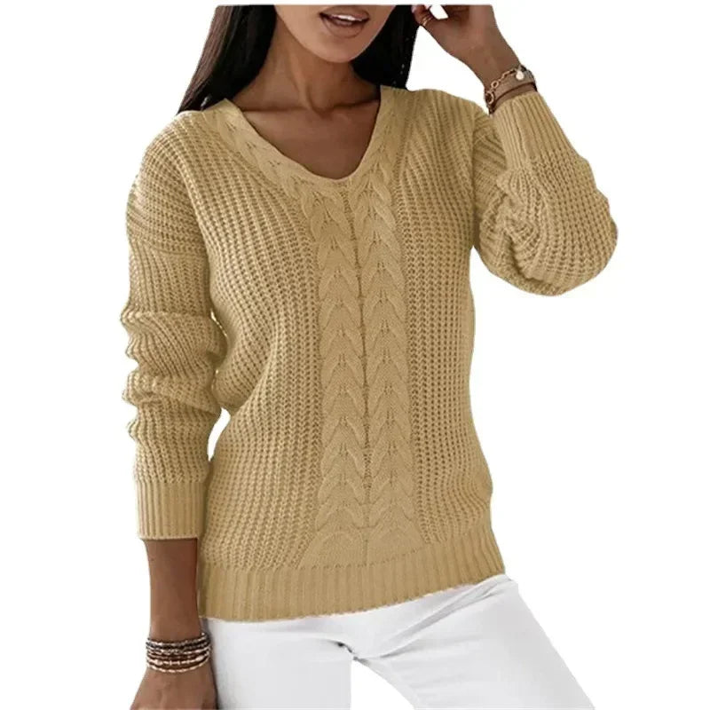 Megan – Women's V-Neck Long-Sleeve Cable Knit Sweater