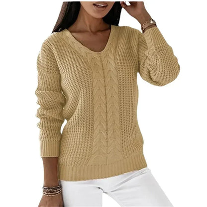 Megan – Women's V-Neck Long-Sleeve Cable Knit Sweater