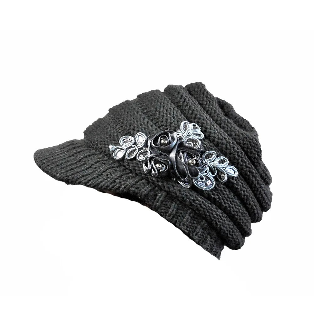 Rebecca – Women's Knit Beanie with Elegant Floral Appliqué