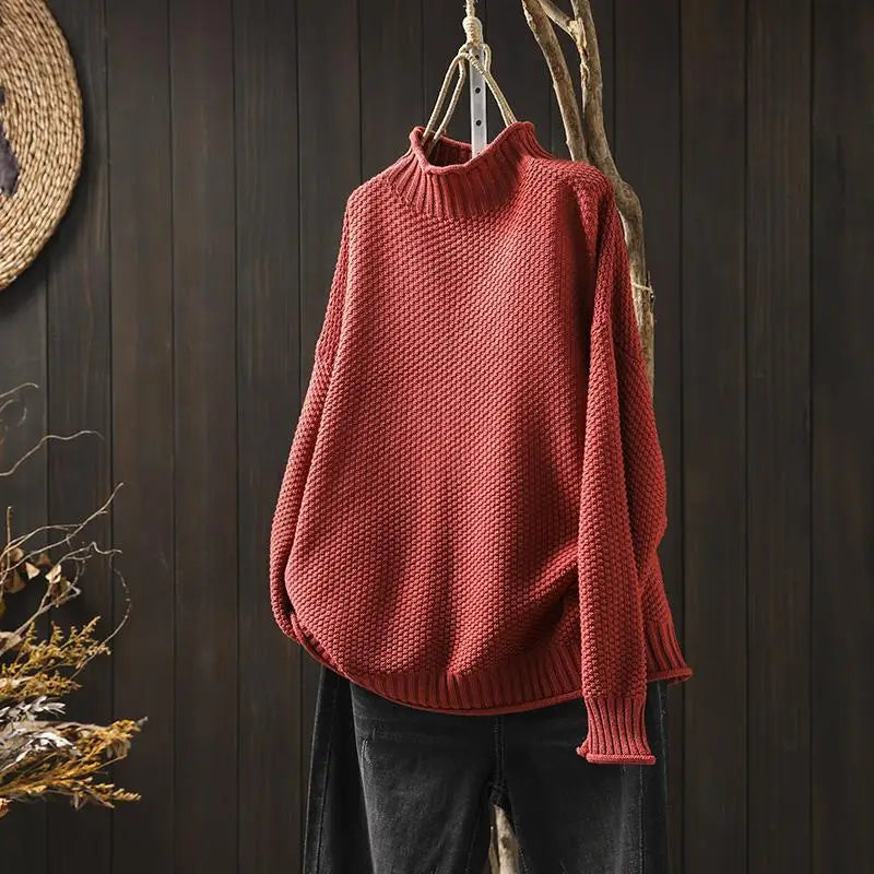 Ruth – Women's Oversized Knit Turtleneck Sweater – Vintage Textured Design