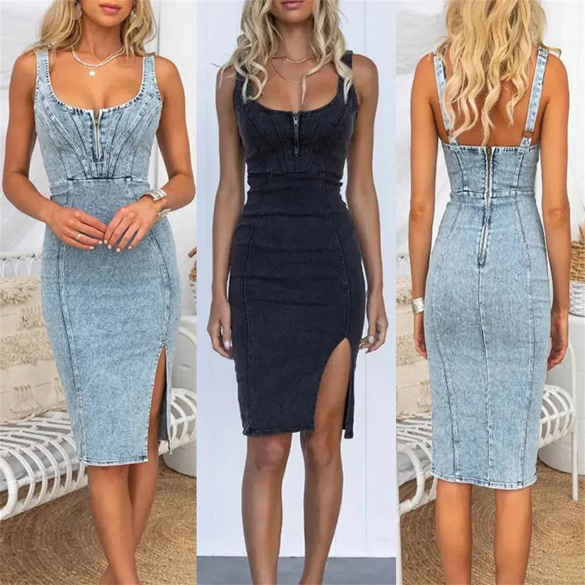 Tanya – Women's Sleeveless Retro Denim Bodycon Dress