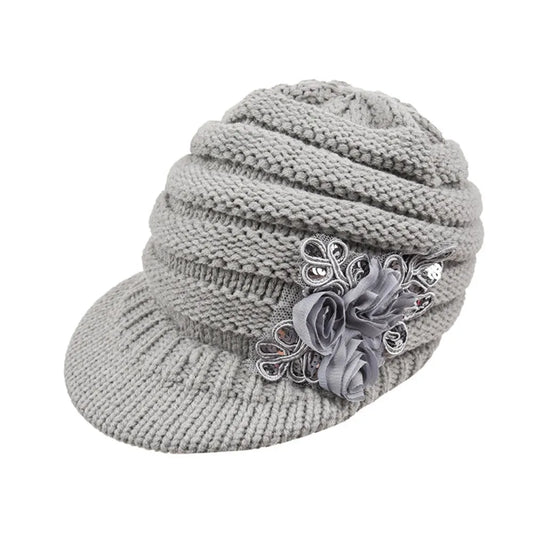 Rebecca – Women's Knit Beanie with Elegant Floral Appliqué