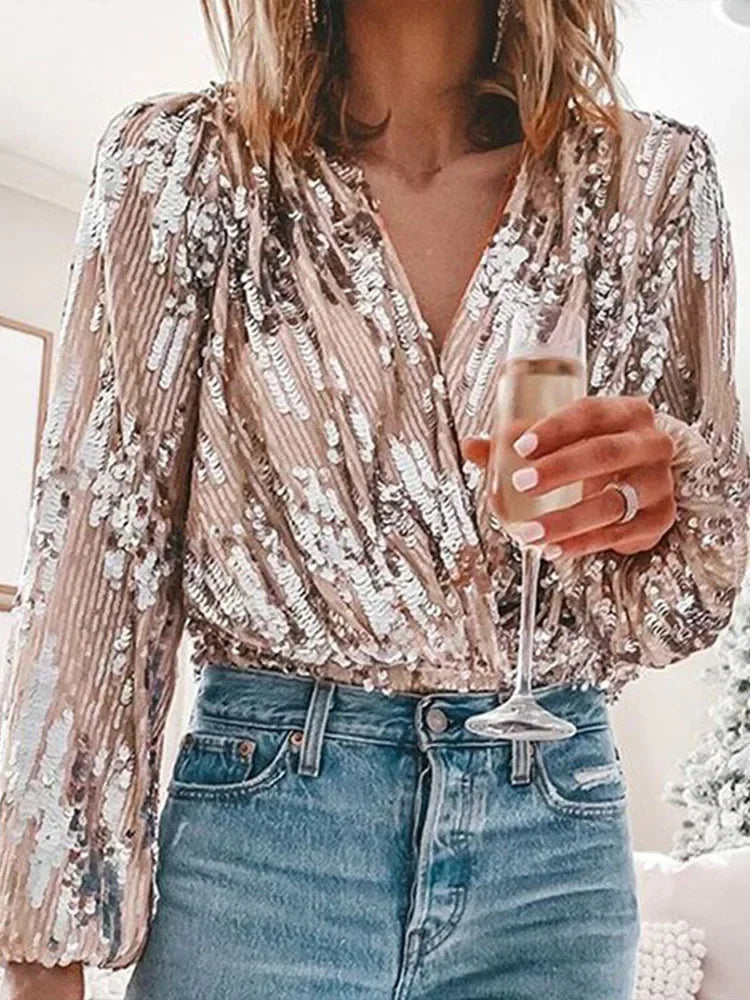 Phoebe – Elegant Vintage Sequin Blouse with Luxurious Lantern Sleeves