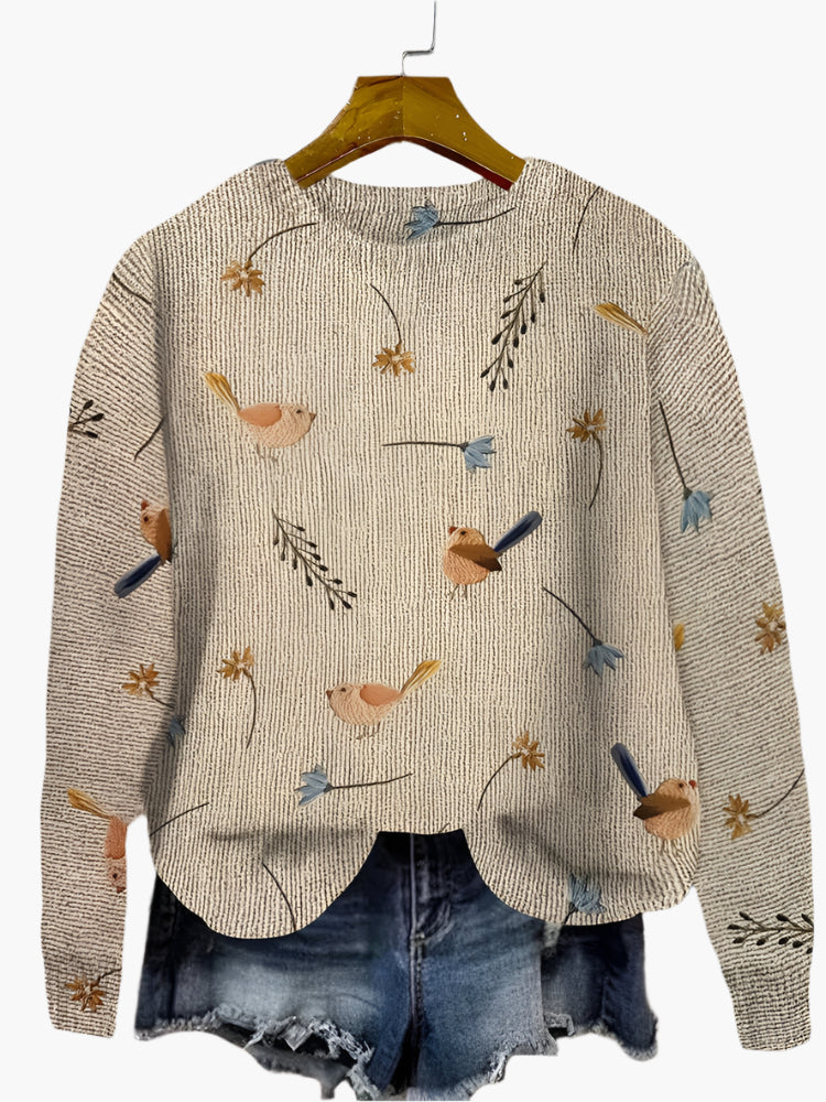 Patricia – Women's Bird Print Round Neck Sweater