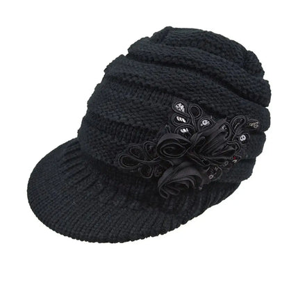 Rebecca – Women's Knit Beanie with Elegant Floral Appliqué