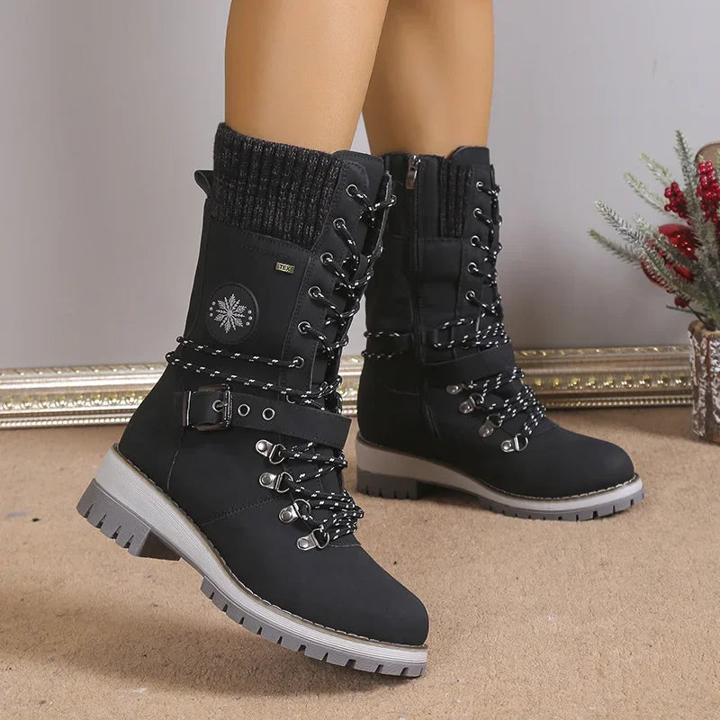 Angela – Women's Lace-Up High Snow Boots with Thick Platform Heels