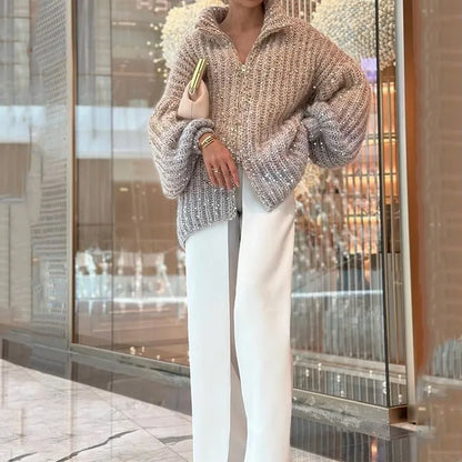 Melanie – Elegant Women's Knitted Cardigan with Lantern Sleeves