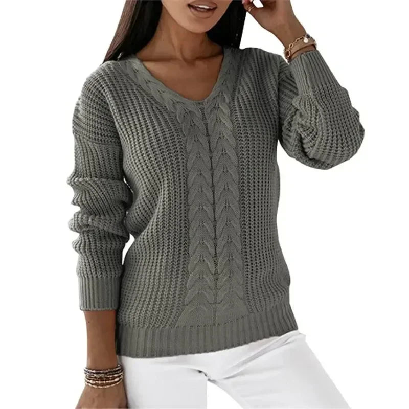 Megan – Women's V-Neck Long-Sleeve Cable Knit Sweater