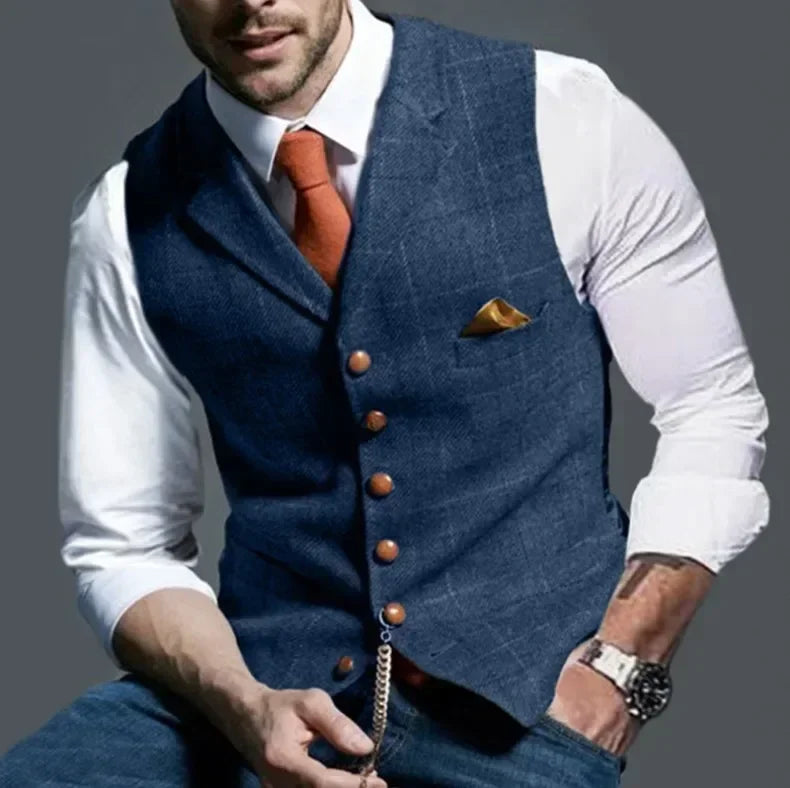 Tim – Men's Tweed Plaid Formal Vest with V-Neck