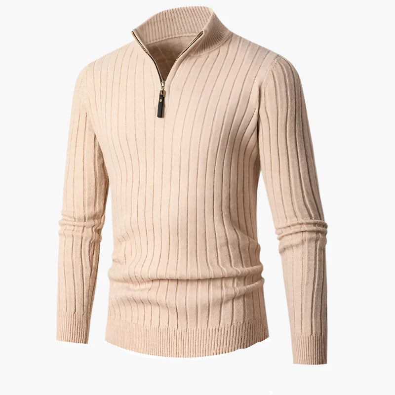 Men's Ribbed Half-Zip Cotton Sweater – Classic Casual High-Collar Pullover