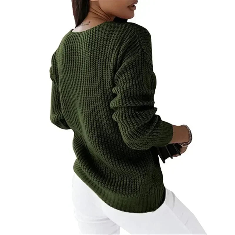 Megan – Women's V-Neck Long-Sleeve Cable Knit Sweater