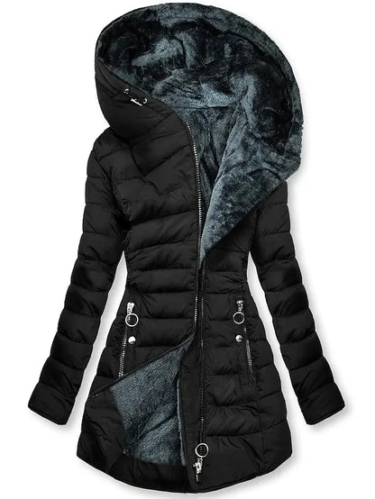 Katie – Women's Hooded Slim Coat with Vegan Fur Collar