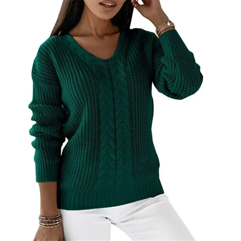 Megan – Women's V-Neck Long-Sleeve Cable Knit Sweater