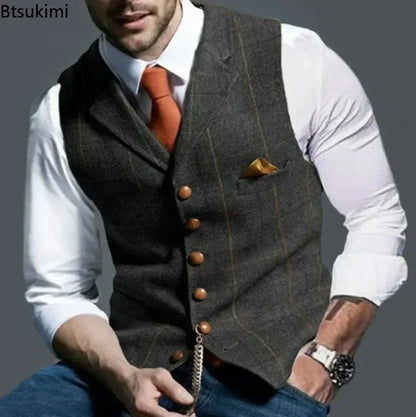 Tim – Men's Tweed Plaid Formal Vest with V-Neck