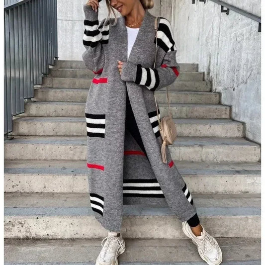 Amy – Women's Long Knit Cardigan with Stripes