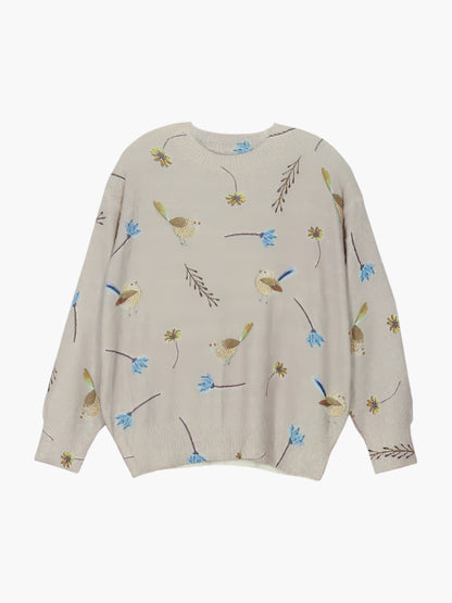 Patricia – Women's Bird Print Round Neck Sweater