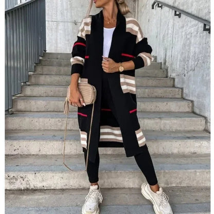 Amy – Women's Long Knit Cardigan with Stripes