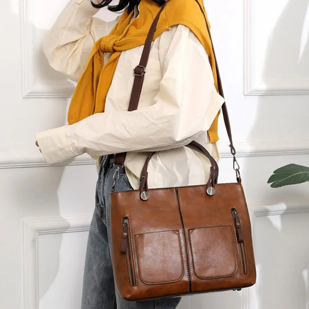 Gillian – Vintage Vegan Leather Multi-Pocket Tote Bag