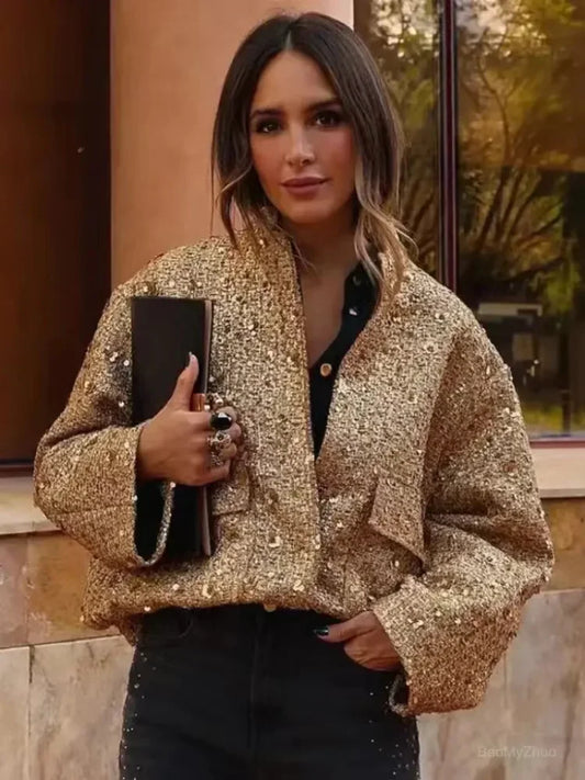 Leanne – Women's Gold Sequin Bomber Jacket