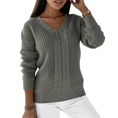 Megan – Women's V-Neck Long-Sleeve Cable Knit Sweater