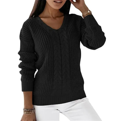 Megan – Women's V-Neck Long-Sleeve Cable Knit Sweater