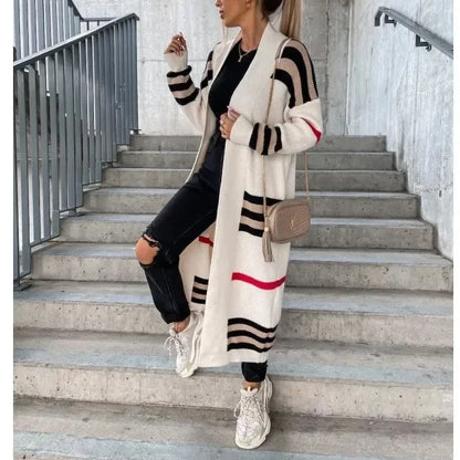 Amy – Women's Long Knit Cardigan with Stripes