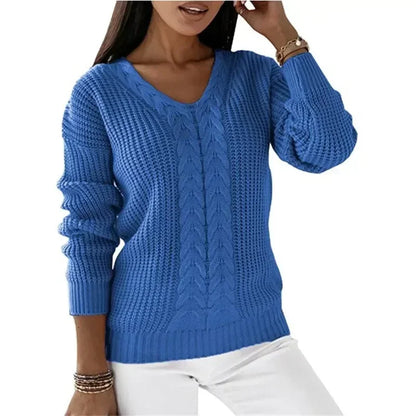 Megan – Women's V-Neck Long-Sleeve Cable Knit Sweater