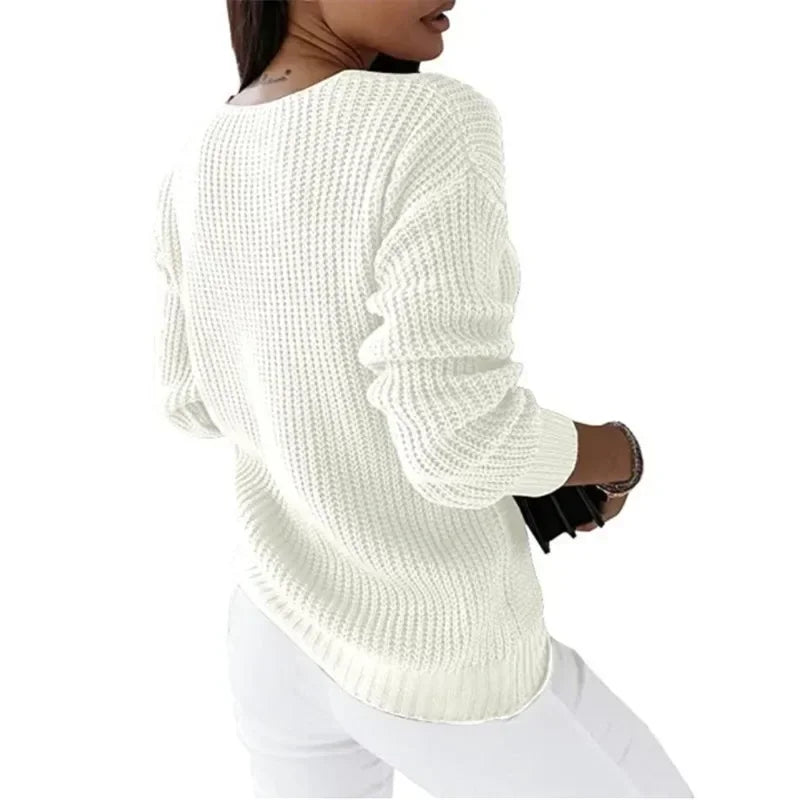 Megan – Women's V-Neck Long-Sleeve Cable Knit Sweater