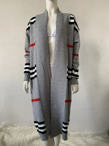 Amy – Women's Long Knit Cardigan with Stripes