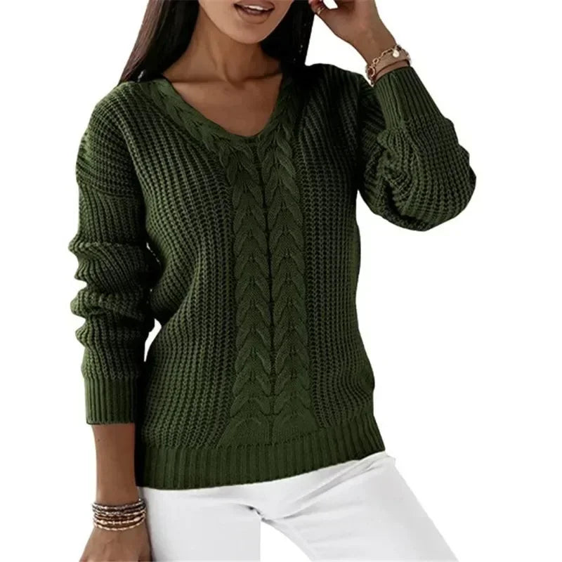 Megan – Women's V-Neck Long-Sleeve Cable Knit Sweater