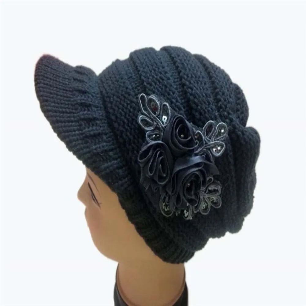 Rebecca – Women's Knit Beanie with Elegant Floral Appliqué