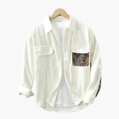 Men's Classic Casual Ribbed Shirt with Patch Pocket – Vintage Style Button-Up Top