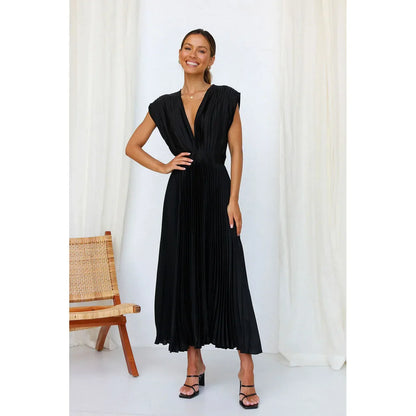 Rebecca – Women's Pleated Waist-Tied Monochrome Dress