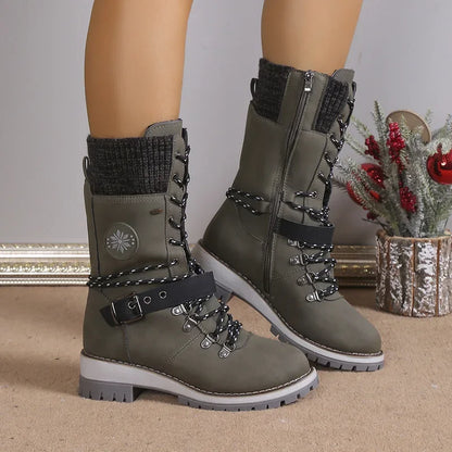 Angela – Women's Lace-Up High Snow Boots with Thick Platform Heels