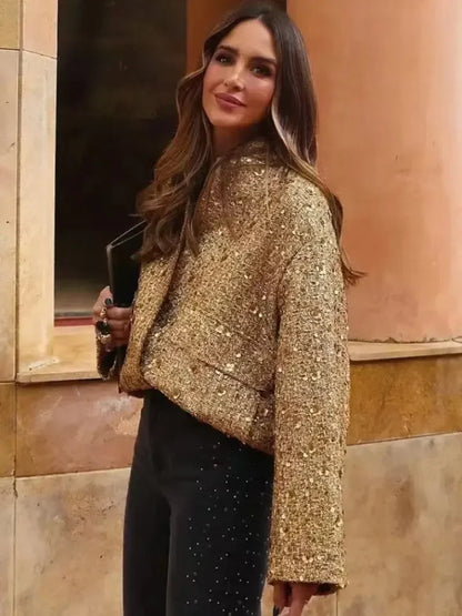 Leanne – Women's Gold Sequin Bomber Jacket