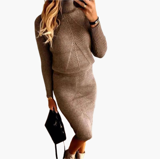 Women's Ribbed Knit Turtleneck Sweater Skirt Set – Elegant Casual Two Piece Outfit