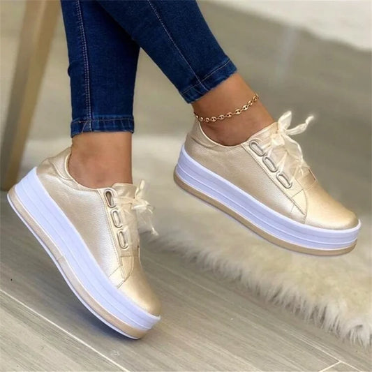 Harriet – Women's Gold Platform Sneakers with Ribbon Laces