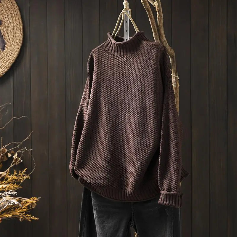 Ruth – Women's Oversized Knit Turtleneck Sweater – Vintage Textured Design