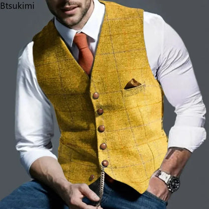 Tim – Men's Tweed Plaid Formal Vest with V-Neck