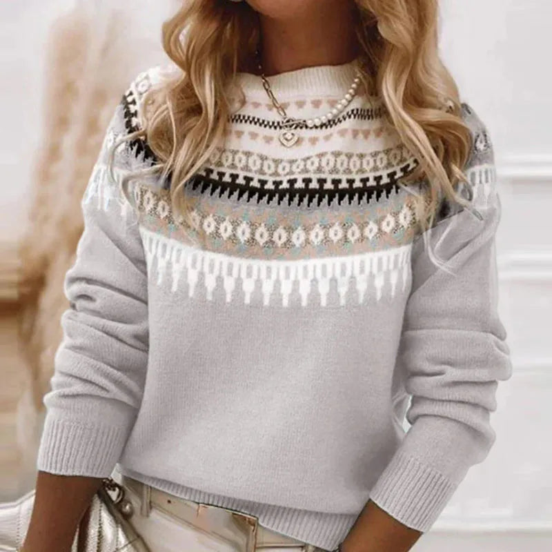 Susan – Women's Ribbed Knit Sweater with Ethnic Print