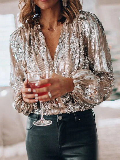 Phoebe – Elegant Vintage Sequin Blouse with Luxurious Lantern Sleeves