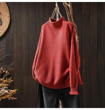 Ruth – Women's Oversized Knit Turtleneck Sweater – Vintage Textured Design