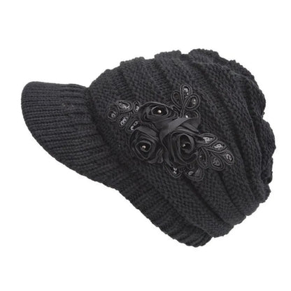 Rebecca – Women's Knit Beanie with Elegant Floral Appliqué