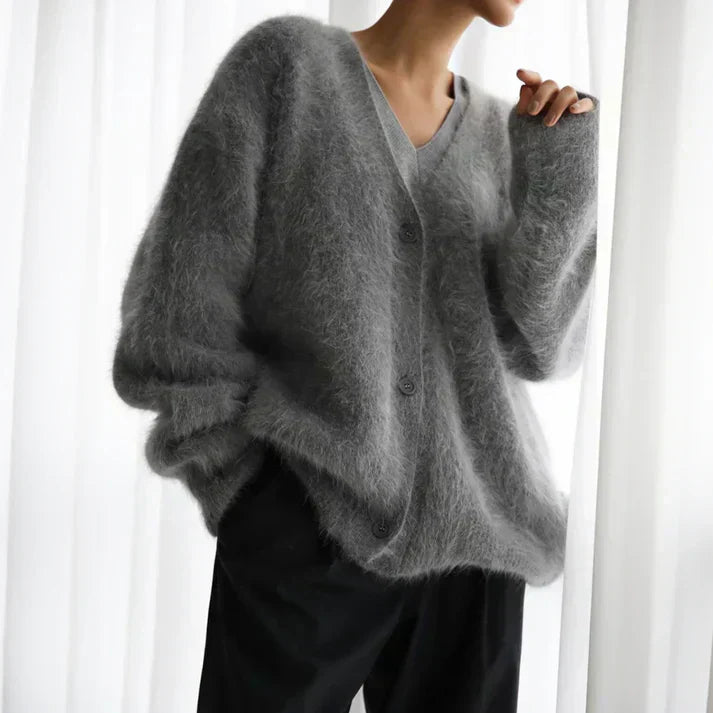 Women's Elegant Loose-Fit Fluffy Knit Cardigan Sweater for Everyday Comfort and Style
