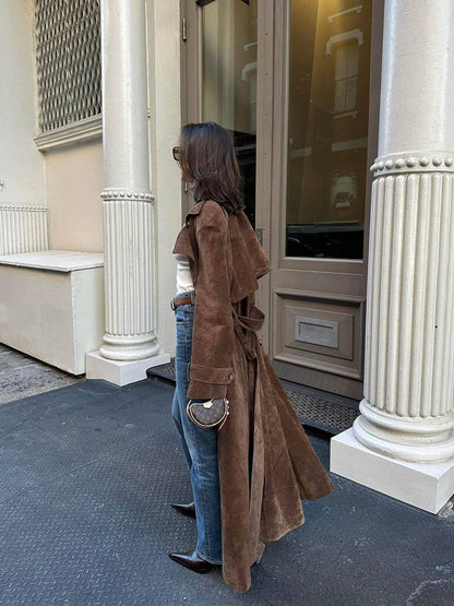 Women's Longline Double-Breasted Trench Coat Classic Elegant Outerwear