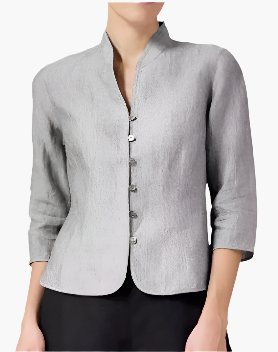 Women's Elegant Stand Collar Chambray Blouse for Office and Everyday Wear