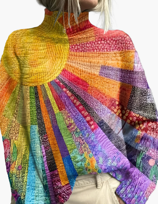 Women's Artistic Rainbow Patchwork Mock Neck Long Sleeve Top – Vibrant Statement Pullover