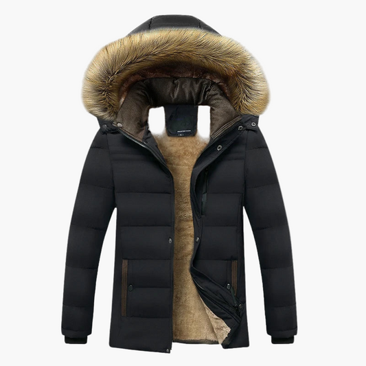 Men's Waterproof Fleece-Lined Parka Jacket with Hood and Faux Fur Trim – Winter Outdoor Style
