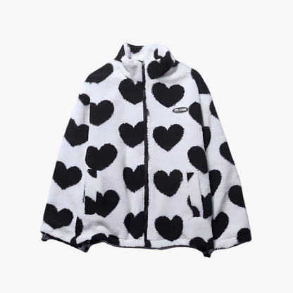 Women's Reversible Fluffy Hearts Full Zip Fleece Jacket – Casual Cozy Style for Everyday Wear
